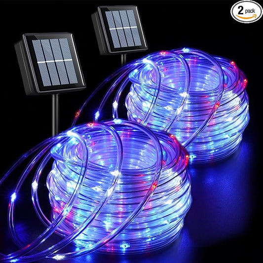 QITONG Red White Blue Solar Rope Lights, 2 Pack Each 33ft 100 LED Patriotic String Lights Outdoor, 8 Modes Fairy Lights in Clear Thin Tube for Independence Memorial Day Decor