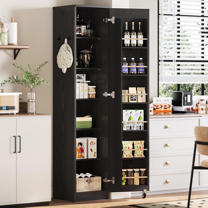 IRONCK Narrow Kitchen Pantry Cabinet, 72" H,Slim for Small Place, Black | Single Door with 6 Adjustable Shelves, Door Rack and Wheels, Space Saving Freestanding Storage Floor Cabinet