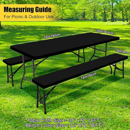 Smiry Picnic Table Cover with Bench Covers, Waterproof Elastic Fitted Polyester Tablecloths for 6 Ft Rectangle Tables, Washable Windproof Tablecloth for Camping, RV & Outdoor (Black, 30x72 Inches)