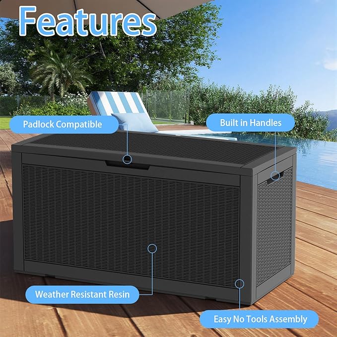 Pepe Tee Waterproof Resin Deck Box, Outdoor Storage Bin for Patio Furniture Cushions, All-Weather Garden Organizer & Seating Bench, Black