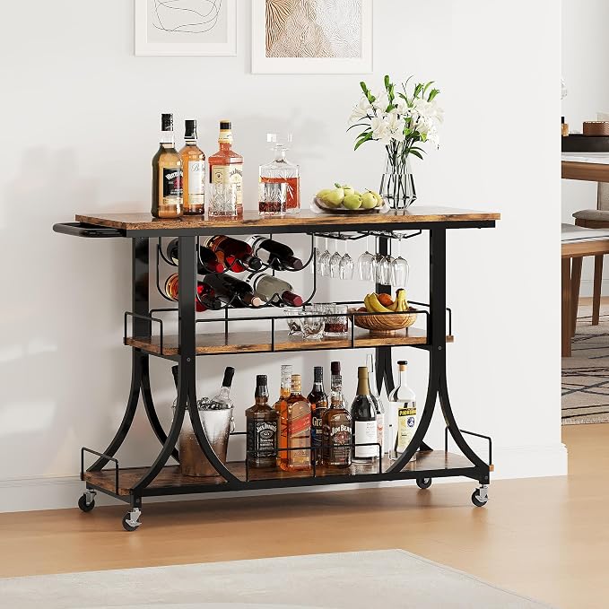 PETKABOO 3-Tier Rustic Wooden Bar Cart with Wheels, Farmhouse Style Solid Wood Rolling Serving Cart with Wine Rack for Home Bar, Heavy Duty Mobile Liquor Trolley for Kitchen Living Room
