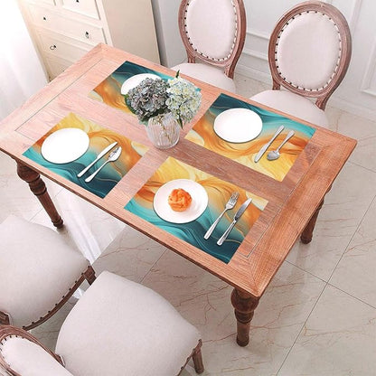 Orange Teal Marble Placemats Set of 4 Kitchen Table Mats for Dining | Washable Non-Slip Heat-Resistant Linen Place Mats Outdoor Holiday Party Home Decor 12"x18"
