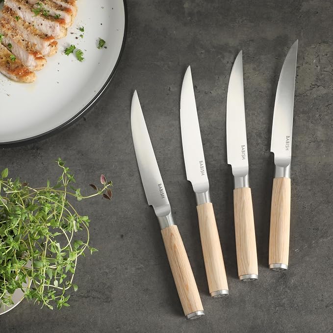 Babish 4-Piece 1.4116 German Stainless Steel Steak Knife Set with Light Pakka Wood Handles – Full-Tang Steak Knives for Dining, Entertaining & Everyday Table Use