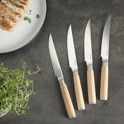 Babish 4-Piece 1.4116 German Stainless Steel Steak Knife Set with Light Pakka Wood Handles – Full-Tang Steak Knives for Dining, Entertaining & Everyday Table Use