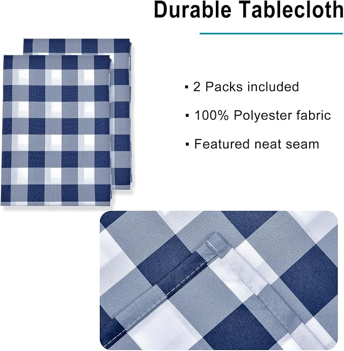 Hiasan Checkered Rectangle Tablecloth Waterproof, 2 Pack, 60 x 102 inch - Buffalo Plaid Table Cloth for Outdoor Picnic/Spring Party/Dining, Navy Blue and White