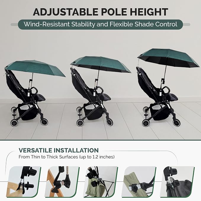 Chair Umbrella with Universal Clamp (Dark Green) | UPF 50+ UV Protection, Clip-on Outdoor Sports Umbrella for Beach Stroller Pool Camp, Compact Lightweight Portable Shade