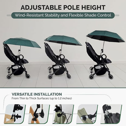 Chair Umbrella with Universal Clamp (Dark Green) | UPF 50+ UV Protection, Clip-on Outdoor Sports Umbrella for Beach Stroller Pool Camp, Compact Lightweight Portable Shade