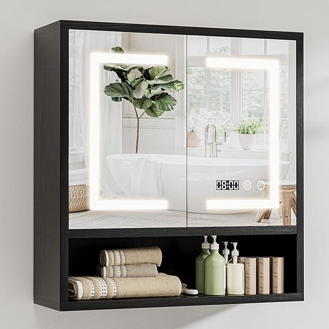 Bathroom Medicine Cabinet with Mirror, Lighted Storage Cabinet Wall Mounted with Doors & Adjustable Wood Shelf, Modern Bathroom Mirror with LED Lights Defogger for Makeup Laundry/Living Room, Black