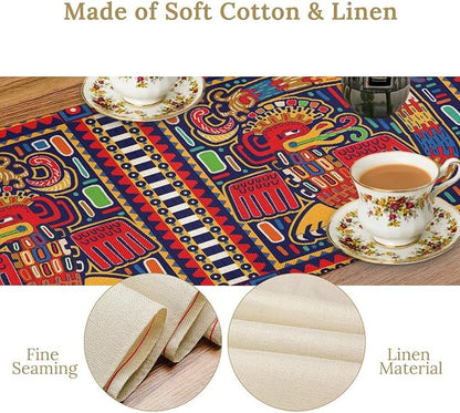 Mexican Table Runner,Cotton Linen Non-Slip Dining Table Runners Culture Pattern Colorful Artwork Abstract Snake in Vivid Folk Kitchen Decor 13x120 Inch