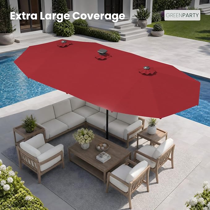 GREEN PARTY 13ft Patio Umbrella with Led Lights, Rectangle Outdoor Umbrella | 12-Mode Solar Lights, Double-Sided Rectangular table Umbrella, Large Shade for Backyard Deck Poolside, Burgundy(No Base)