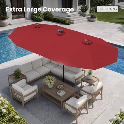GREEN PARTY 13ft Patio Umbrella with Led Lights, Rectangle Outdoor Umbrella | 12-Mode Solar Lights, Double-Sided Rectangular table Umbrella, Large Shade for Backyard Deck Poolside, Burgundy(No Base)