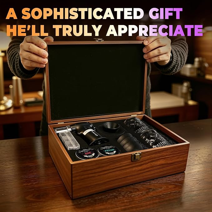 Electric Whiskey Smoker Kit with Wooden Box, 4 Wood Chips, Torch, Ice Molds, 2 Glasses, Stones, Old Fashioned Bourbon Cocktail Smoker Infuser Kit, Whiskey Gifts for Father, Men, Husband (No Butane)