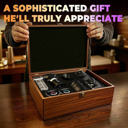 Electric Whiskey Smoker Kit with Wooden Box, 4 Wood Chips, Torch, Ice Molds, 2 Glasses, Stones, Old Fashioned Bourbon Cocktail Smoker Infuser Kit, Whiskey Gifts for Father, Men, Husband (No Butane)