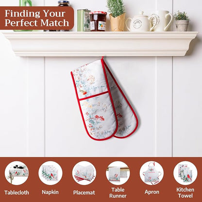 Maison d' Hermine Double Oven Mitts 100% Cotton Double Oven Glove (7"x35") | Heat Resistant BBQ Cooking Gloves with Loop Baking Kitchen Home Hotel Farmhouse Thanksgiving Christmas - Morzine
