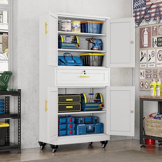 winiowa 71" Tall Metal Garage Storage Cabinet with Wheels and Locking Doors, Locking Rolling Tool Cabinet with Drawer and 3 Adjustable Shelves for Garage,Home,Office (White)