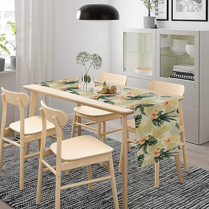 Tropical Leaves Table Runner Retro Boho Palms Tree Flower Hawaii Jungle Botanical Spring Summer Seasonal Dinner Runner for Farmhouse Home Kitchen Dining Holiday Party Decor 13x36in