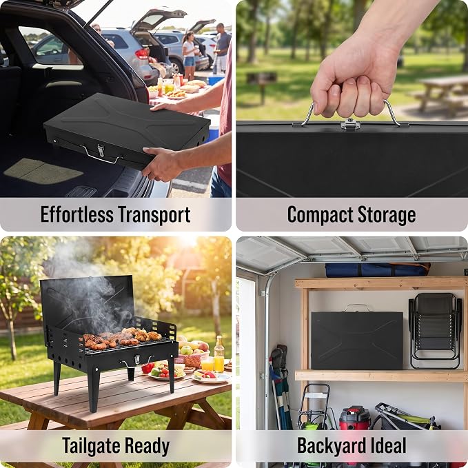 Charcoal Grills, Square Portable Charcoal Grills with Lid & 3 Adjustable heights, Barbecue Grill for Outdoor Backyard