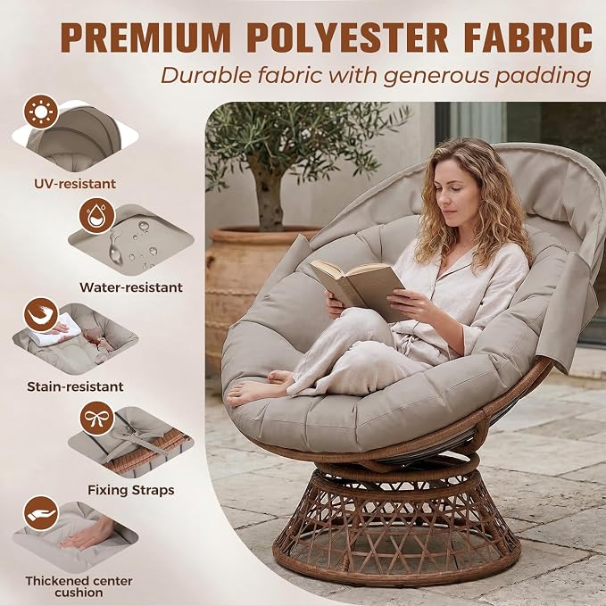 GTPLAYER Outdoor Wicker Egg Chair PE Rattan Chair with Cushion, Oversized Patio Lounge Chair with Canopy Papasan Chair 360° Swivel Base for Outdoor, Indoor, Balcony, Backyard, Garden, Brown