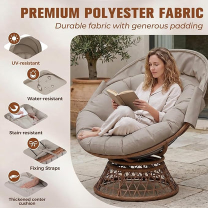 GTPLAYER Outdoor Wicker Egg Chair PE Rattan Chair with Cushion, Oversized Patio Lounge Chair with Canopy Papasan Chair 360° Swivel Base for Outdoor, Indoor, Balcony, Backyard, Garden, Brown