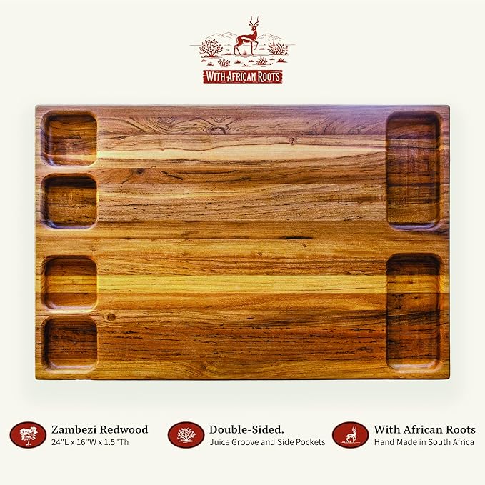 – Zambezi Redwood Cutting Board, Handcrafted, Double-Sided with Juice Groove & Side Pockets, Extra Large (24 x 16 x 1.5 in), Made in South Africa