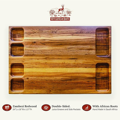 – Zambezi Redwood Cutting Board, Handcrafted, Double-Sided with Juice Groove & Side Pockets, Extra Large (24 x 16 x 1.5 in), Made in South Africa