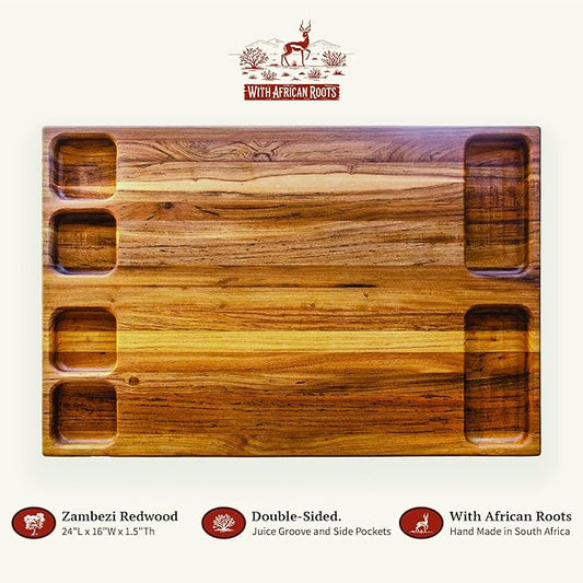 – Zambezi Redwood Cutting Board, Handcrafted, Double-Sided with Juice Groove & Side Pockets, Extra Large (24 x 16 x 1.5 in), Made in South Africa