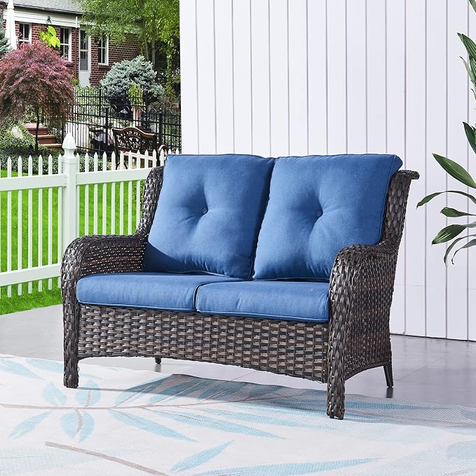 Rilyson Luxury Patio Outdoor Wicker Loveseat, 500 Lbs Weight Capacity Rattan Outdoor 2 seat Sofa Wicker with Deep Seating and Replaceable Cushions for Outside Porch Deck Balcony (Brown/Blue)