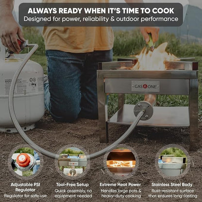 GasOne Stainless Steel Propane Burner Cooker With Regulator with Steel Braided Hose For Outdoor Cooking, Turkey Fry