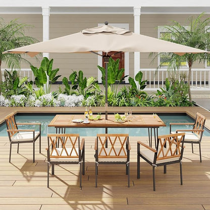 Tangkula 86.5" Large Patio Dining Table for 8, Acacia Wood 8-Person Dining Table with 2" Umbrella Hole & Metal Legs & Adjustable Foot Pads, Rectangular Outside Table for Garden, Poolside & Backyard
