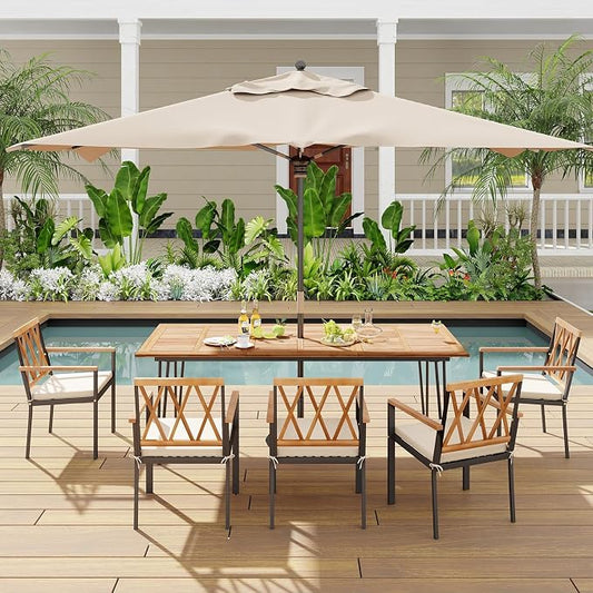 Tangkula 86.5" Large Patio Dining Table for 8, Acacia Wood 8-Person Dining Table with 2" Umbrella Hole & Metal Legs & Adjustable Foot Pads, Rectangular Outside Table for Garden, Poolside & Backyard