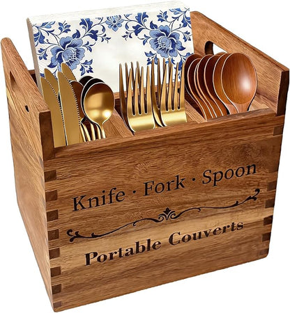 Portable Acacia Wood Kitchen Utensil Holder with Handle, Warm Aesthetic 4-Compartment Flatware Organizer, Utensil Holder Counter for Parties Picnics RV Dining