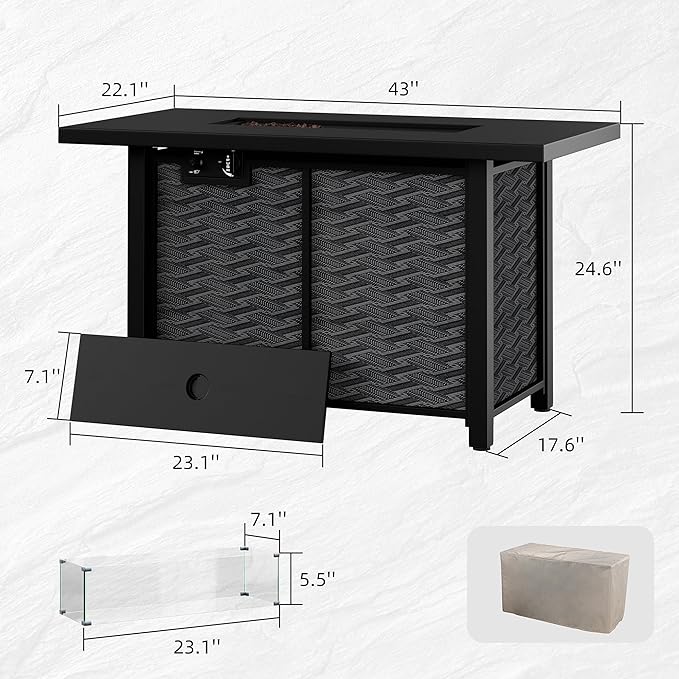 43" Propane Fire Pit Table with Glass Wind Guard & Lid, 50,000 BTU Outdoor Gas Fireplace, Weather-Resistant, Smokeless 2-in-1 Rectangular Coffee Table for Patio Garden