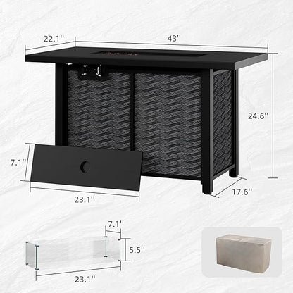 43" Propane Fire Pit Table with Glass Wind Guard & Lid, 50,000 BTU Outdoor Gas Fireplace, Weather-Resistant, Smokeless 2-in-1 Rectangular Coffee Table for Patio Garden