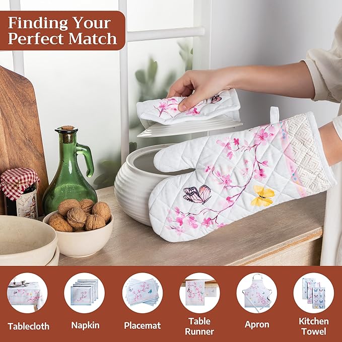 Maison d' Hermine 100% Cotton Oven Mitt & Pot Holder Set (7.5"x13" & 8"x8") Heat Resistant BBQ Cooking Gloves with Loop Baking Grilling Kitchen Hotel Home Farmhouse Spring Summer (Blossoms in Spring)