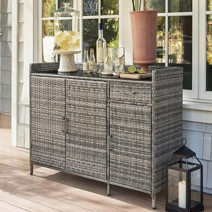 Merax 47.5" Wicker Outdoor Storage Cabinet with Tempered Glass Desktop, Weather-Proof Rattan Bar Table with 3 Doors, Adjustable Shelf, 1 Drawer for Outdoor Cushions, Pool Toys, Garden Tools, Grey