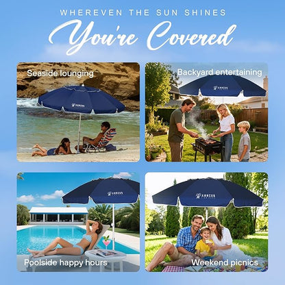 AMMSUN 8 Feet Large Beach Umbrella with Sand Anchor Heavy Duty High Wind Portable Outdoor Umbrellas UV 50+ Protection Air Vent Tilt Patio Garden Pool