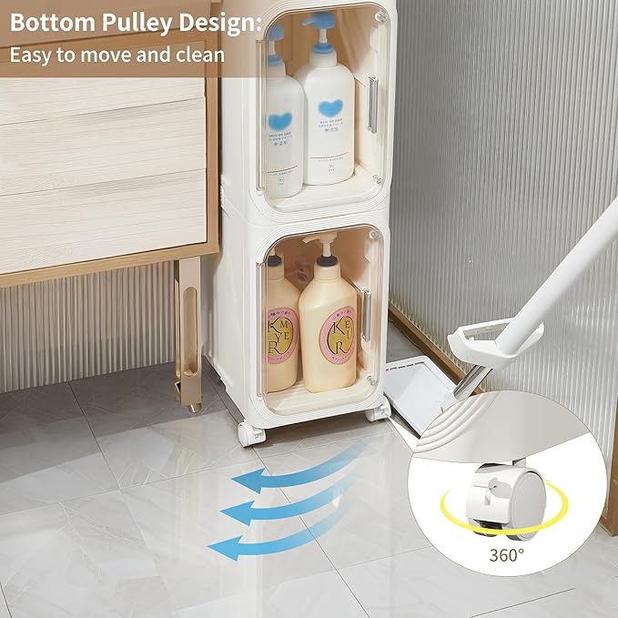 LXLXXL 5-Tier Narrow Storage Cabinet Slim Bathroom Storage Cabinet with Movable Wheels Tall Bathroom Organizer Skinny Cabinet for Small Spaces, White