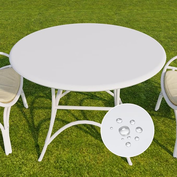 Romanstile Round Fitted Vinyl Tablecloth with Elastic Edge 100% Waterproof | Table Covers for 36"- 44" Tables, Wipeable Flannel Backed Plastic Table Cloths for Dinner, Picnic, Camping, Outdoor, White