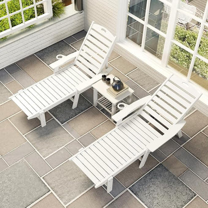 Giantex Lounge Chair Outdoor, Oversized Chaise Lounge Chair with 4-Position Backrest, Rotatory Cup Holder, Weatherproof HDPE Patio Lounge Chair for Outside Garden Deck Poolside Backyard, White (1)