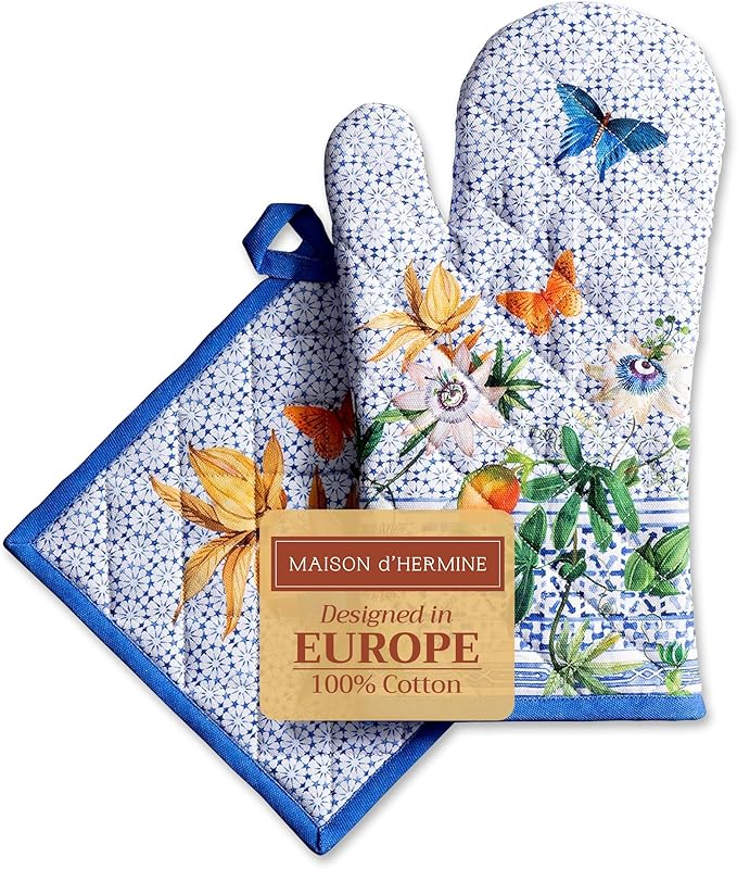 Maison d' Hermine 100% Cotton Oven Mitt & Pot Holder Set (7.5"x13" & 8"x8") Heat Resistant BBQ Cooking Gloves with Loop Baking Grilling Kitchen Hotel Home Farmhouse Spring Summer (Passiflora)