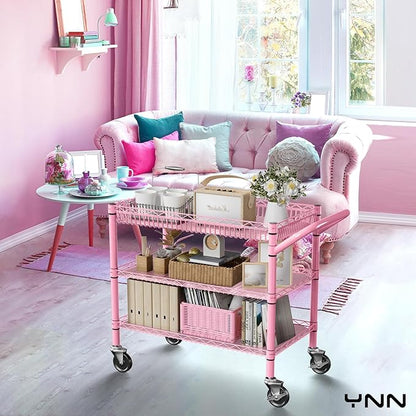 YNN Pink Rolling Cart, 990Lbs 3 Tier Heavy Duty Metal Cart with Wheels & Handle NSF Wheeled Cart 31" D x 18" W x 33" H for Bedroom, Bathroom, Kitchen,Garden,Decor,Serving