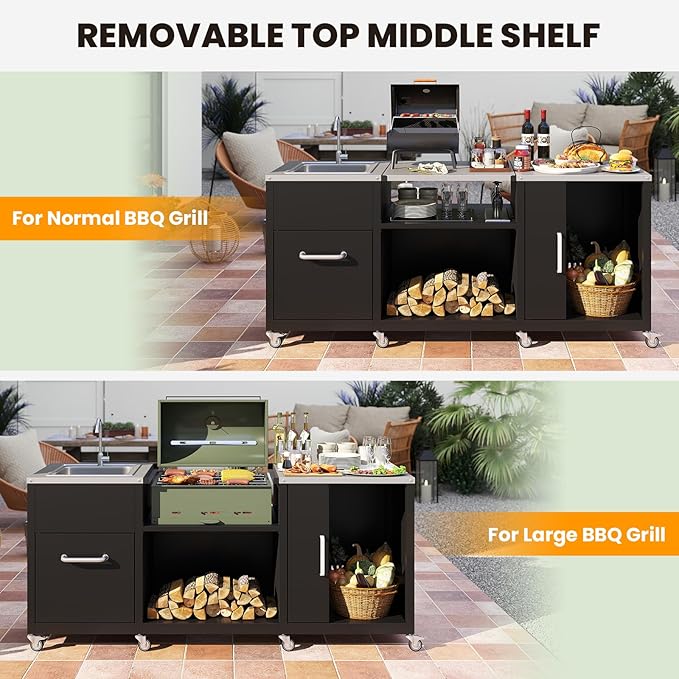Happygrill 80” Outdoor Grill Table with Sink & Drainage, Heavy Duty Metal Grill Cart w/Cabinet & Removable Stainless Steel Top, Portable Prep Cooking Table w/Wheels for BBQ, Patio, Camping & Backyard