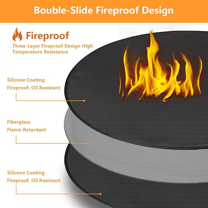 TYLIN Fire Pit Mat for Deck Fireproof, Round Fireproof Under Grill Mat, Oil-Proof Waterproof BBQ Pad for Deck Patio Grass Outdoor Grill Accessories, Portable and Reusable，Black (60x60 inch)