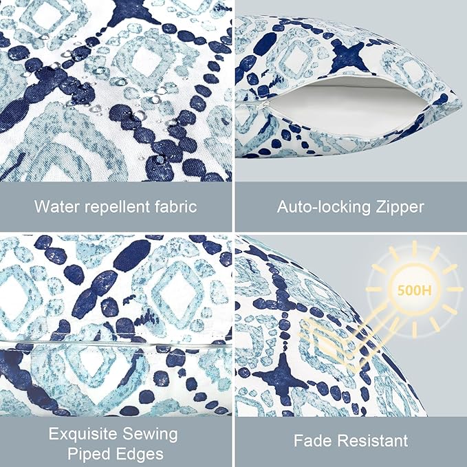 LVTXIII Outdoor/Indoor Lumbar Pillow Case Covers ONLY, 12" x 20" Patio Garden Decorative Lumbar Pillow Covers, Pack of 2 for Outdoor Home Patio Furniture Use - Boho Geometry Blue