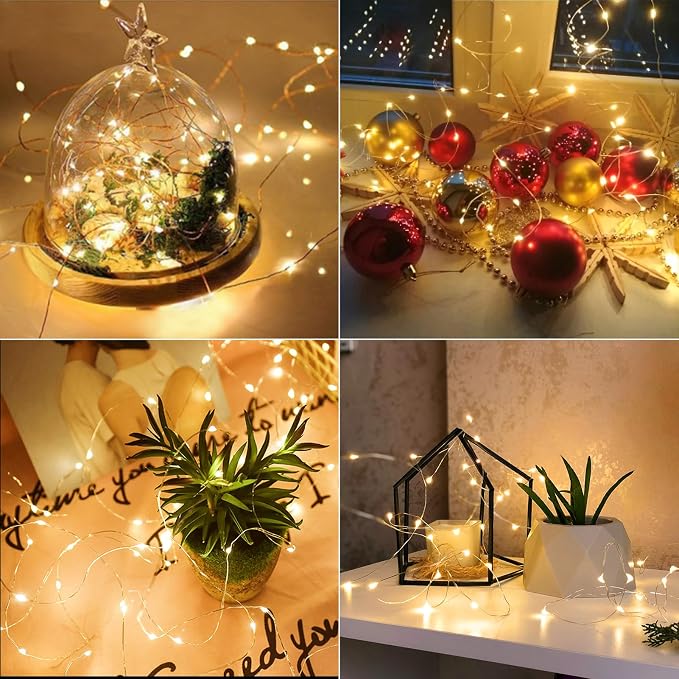 4 Pack Battery Fairy Lights 16.4 Ft 50 LED Christmas Timer Fairy Light | Waterproof Silver Wire Battery Twinkle Lights with Auto Timer 8 Modes for Xmas Wreath Decor, Warm White