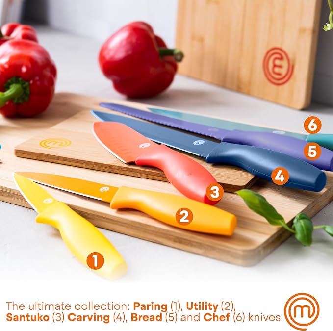 MasterChef Knife Set with Block, 7pc Kitchen Knives Set with Holder, Color | Knife Block Set with Sharp Stainless Steel Blades for Precise Cutting with Non Stick Coating & Soft Touch Easy Grip Handles