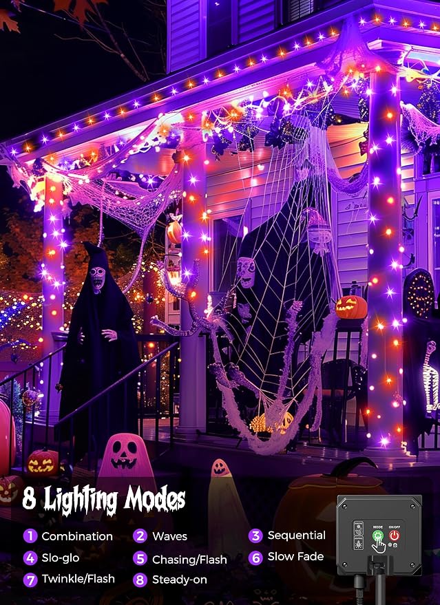 Minetom Solar Halloween Lights Outdoor, 40FT 100 LED Halloween String Light | Black Wire Halloween Decoration Outdoor with 8 Modes, Waterproof Solar String Lights for Outside Tree Yard, Orange & Purple