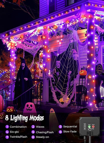Minetom Solar Halloween Lights Outdoor, 40FT 100 LED Halloween String Light | Black Wire Halloween Decoration Outdoor with 8 Modes, Waterproof Solar String Lights for Outside Tree Yard, Orange & Purple