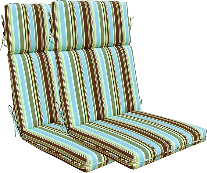 Indoor Outdoor High Back Dining Chair Cushions Replacement Patio Seat Cushion Fade Resistance, Set of 2, Green/Coffee/Blue Stripe