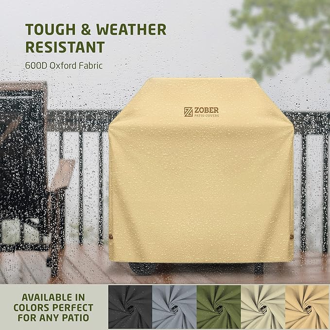 ZOBER Heavy Duty BBQ Grill Cover - 58 Inch Waterproof Double Layered Fits Weber Gas Grill Cover Charbroil Grill & Smoker - Gas Grill Covers w/Air Vents, Dual Handles - 600D Oxford Fabric, Mustard